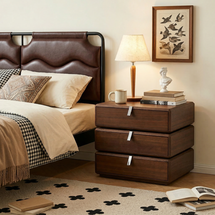Rotating 3-Drawer Walnut Nightstand – Modern Rotatable Bedside Table with Metal Handles AF-NS003