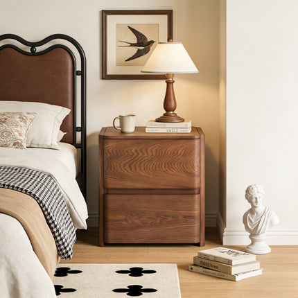 Curved 2-Drawer Solid Wood Nightstand – Modern Minimalist Bedside Table with Natural Grain AF-NS004
