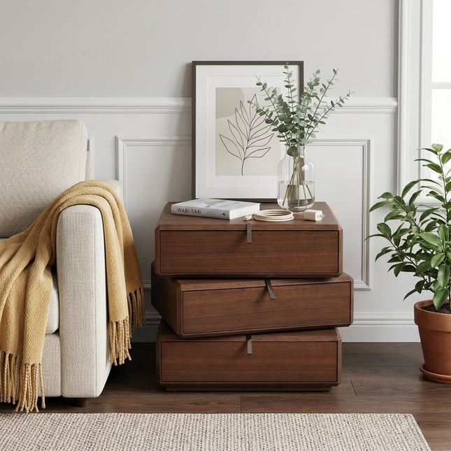 Rotating 3-Drawer Walnut Nightstand – Modern Rotatable Bedside Table with Metal Handles AF-NS003