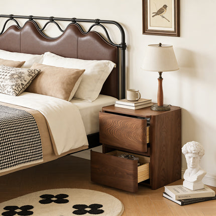 Curved 2-Drawer Solid Wood Nightstand – Modern Minimalist Bedside Table with Natural Grain AF-NS004