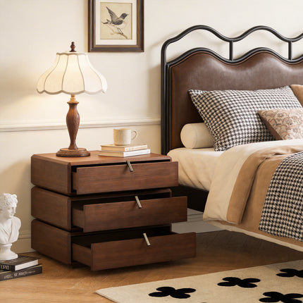 Rotating 3-Drawer Walnut Nightstand – Modern Rotatable Bedside Table with Metal Handles AF-NS003