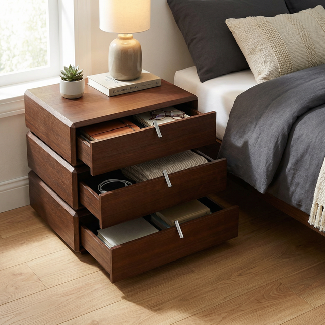 Rotating 3-Drawer Walnut Nightstand – Modern Rotatable Bedside Table with Metal Handles AF-NS003