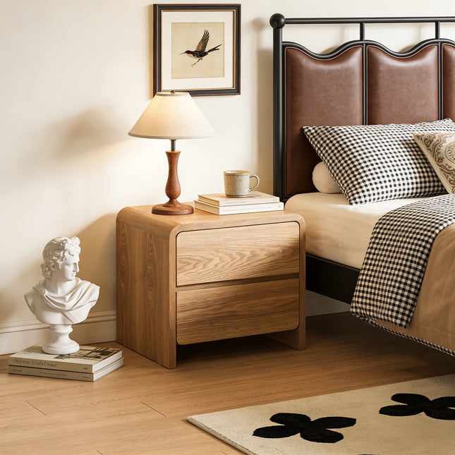 Natural Wood Tone 2-Drawer Nightstand, Modern Minimalist Bedside Table AF-NS005