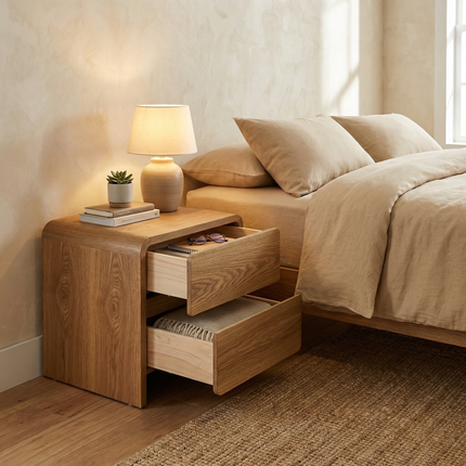 Natural Wood Tone 2-Drawer Nightstand, Modern Minimalist Bedside Table AF-NS005