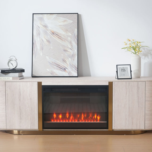 Modern Travertine Panel TV Stand with Fireplace AF-TS001