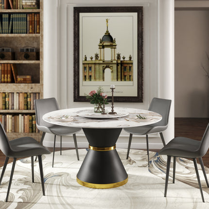 Round Sintered Stone Dining Table – Optional Rotating Lazy Susan, Pedestal Base with Gold Trim, Marble Pattern Tabletop RDT150