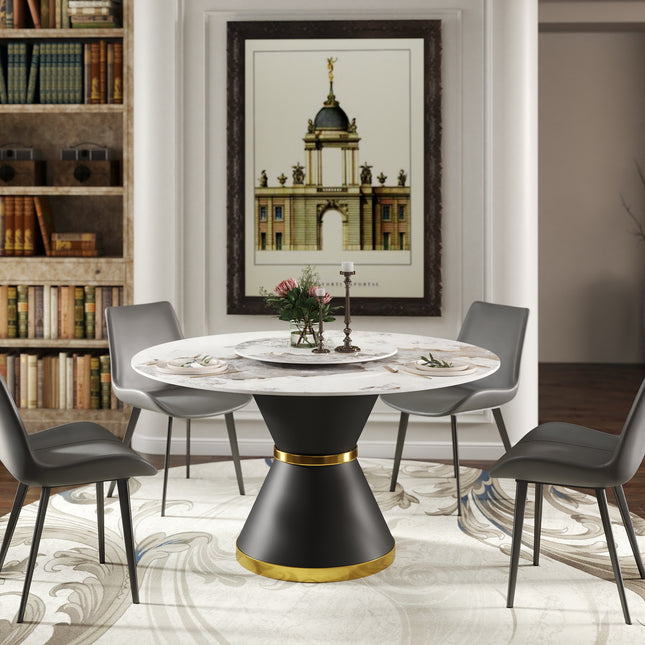 Round Sintered Stone Dining Table – Optional Rotating Lazy Susan, Pedestal Base with Gold Trim, Marble Pattern Tabletop RDT150