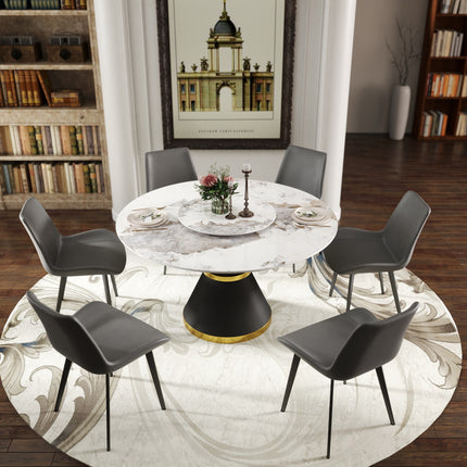Round Sintered Stone Dining Table – Optional Rotating Lazy Susan, Pedestal Base with Gold Trim, Marble Pattern Tabletop RDT150