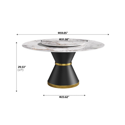 Round Sintered Stone Dining Table – Optional Rotating Lazy Susan, Pedestal Base with Gold Trim, Marble Pattern Tabletop RDT150