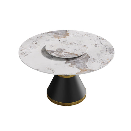Round Sintered Stone Dining Table – Optional Rotating Lazy Susan, Pedestal Base with Gold Trim, Marble Pattern Tabletop RDT150