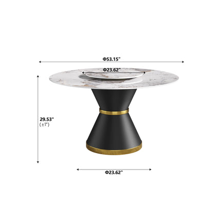 Round Sintered Stone Dining Table – Optional Rotating Lazy Susan, Pedestal Base with Gold Trim, Marble Pattern Tabletop RDT150