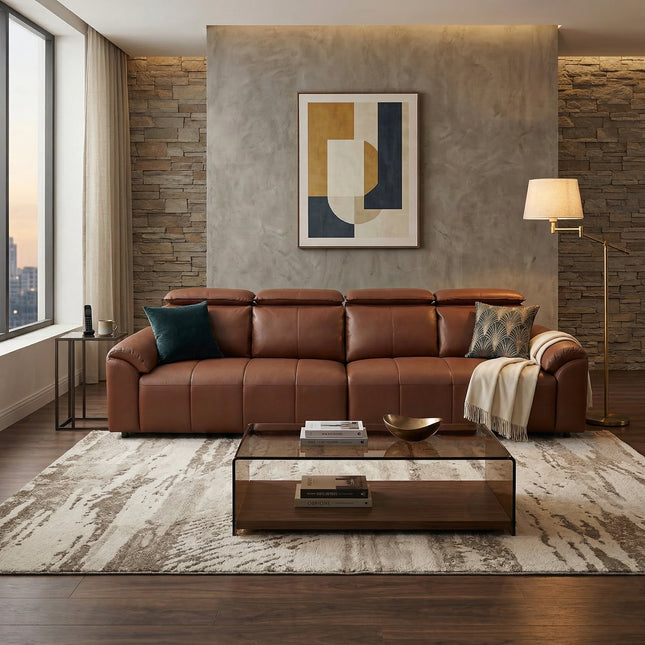 4-Seater Leather Look Sofa with Adjustable Headrests & Side Pocket Storage AF-SF033BR