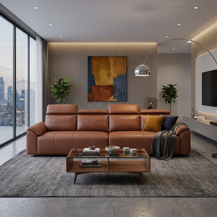 4-Seater Leather Look Sofa with Adjustable Headrests & Side Pocket Storage AF-SF033BR
