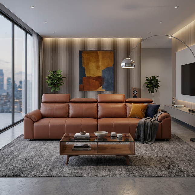 4-Seater Leather Look Sofa with Adjustable Headrests & Side Pocket Storage AF-SF033BR