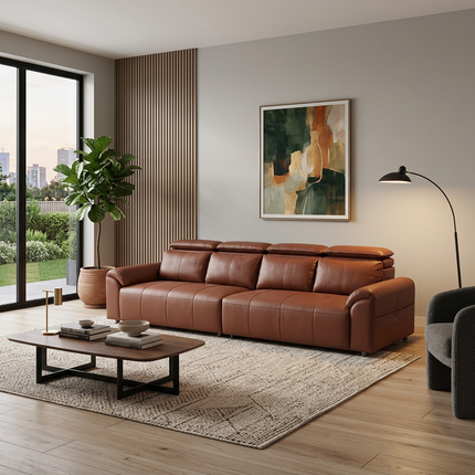 4-Seater Leather Look Sofa with Adjustable Headrests & Side Pocket Storage AF-SF033BR