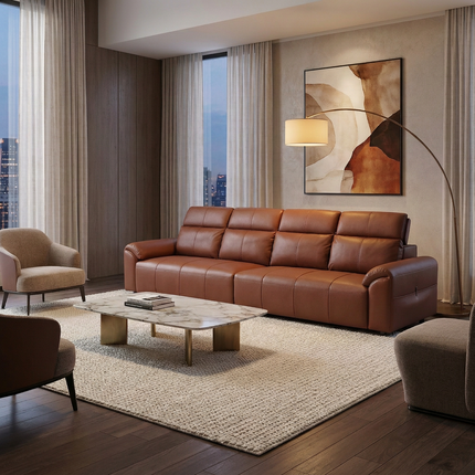 4-Seater Leather Look Sofa with Adjustable Headrests & Side Pocket Storage AF-SF033BR