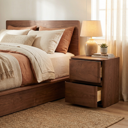 Curved 2-Drawer Solid Wood Nightstand – Modern Minimalist Bedside Table with Natural Grain AF-NS004