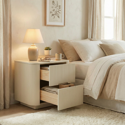 Fluted 2-Drawer Nightstand with Rounded Edges – Modern Minimalist Bedside Table AF-NS002WE